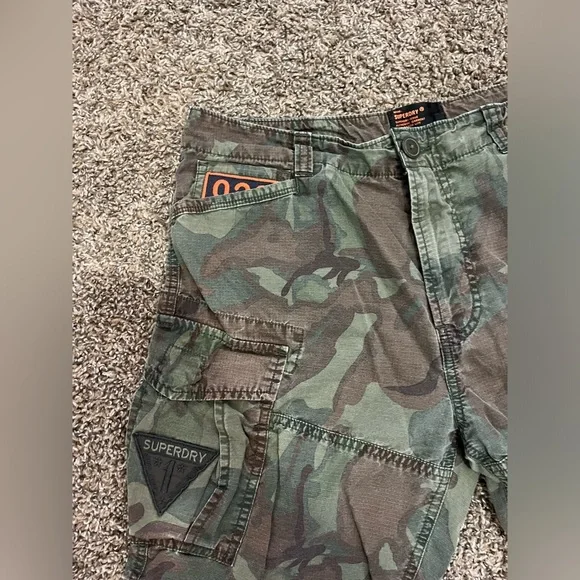 Superdry MENS 30 Core Lite Parachute CAMO Shorts Patches Polo Style Warcore